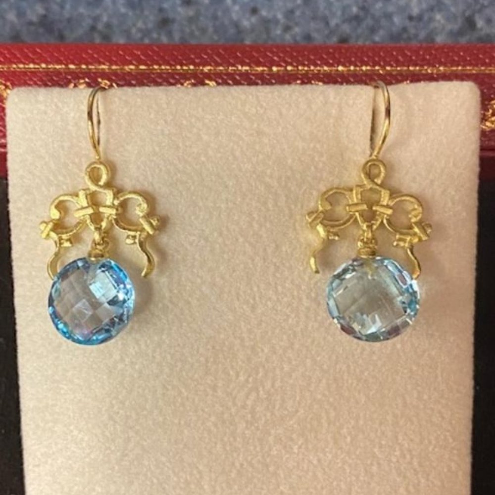 14KG Blue Topaz and Gold Scroll Earrings